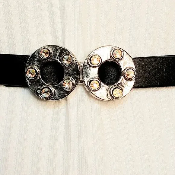 💎Rhinestone Studded Washer Ring Buckle Skinny Belt Adjustable Medium To Small - Picture 2 of 12